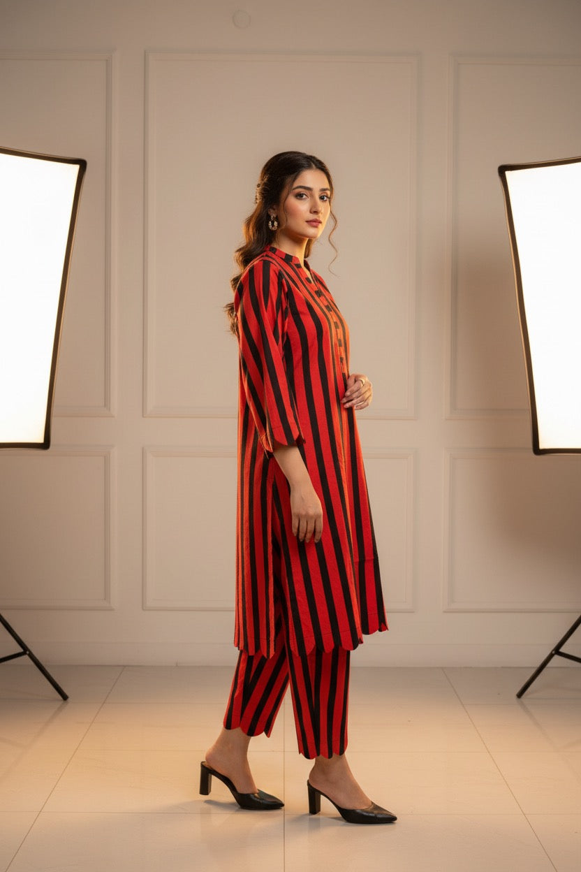 PC018A 2Piece Red & Black Striped Suit - Bold Vertical Stripes with Scalloped Hem Detail