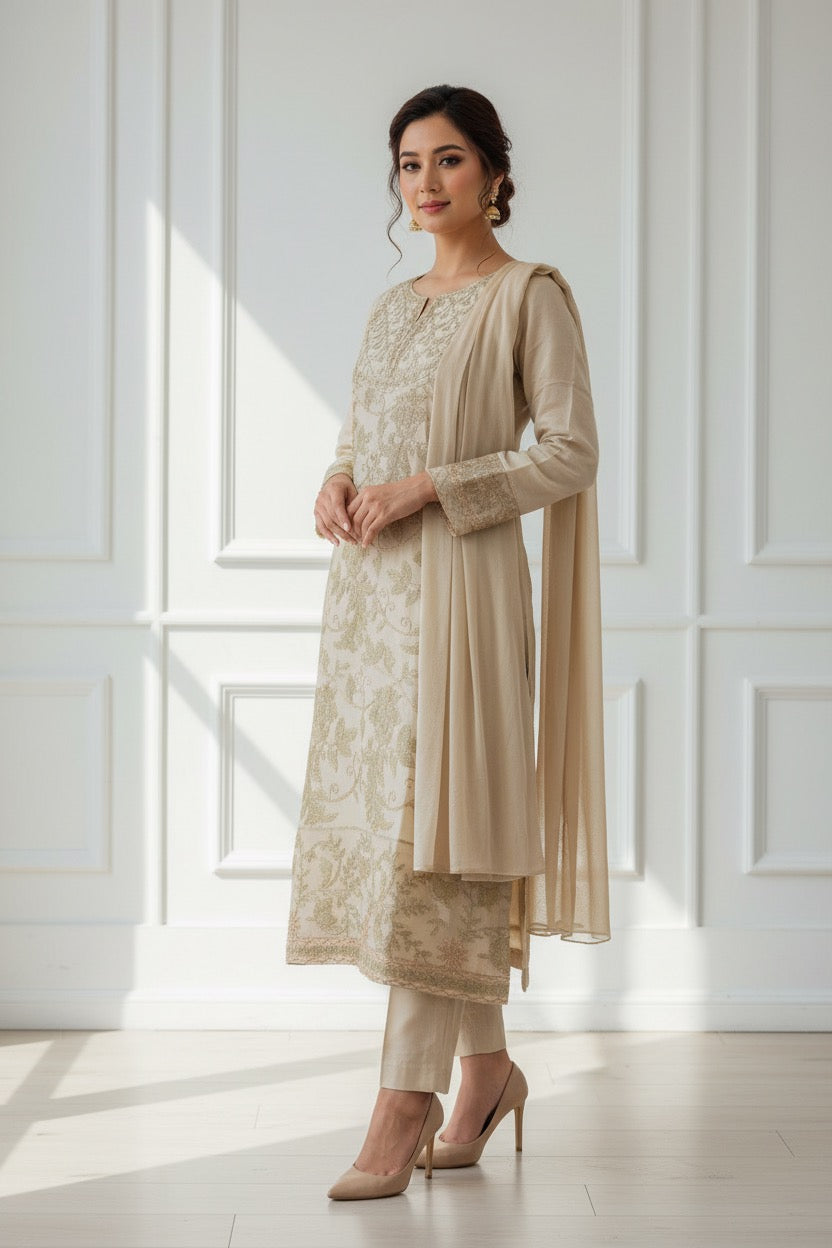 PC017P 3Piece Beige Embroidered Suit - Gold Floral Threadwork with Geometric Yoke Design
