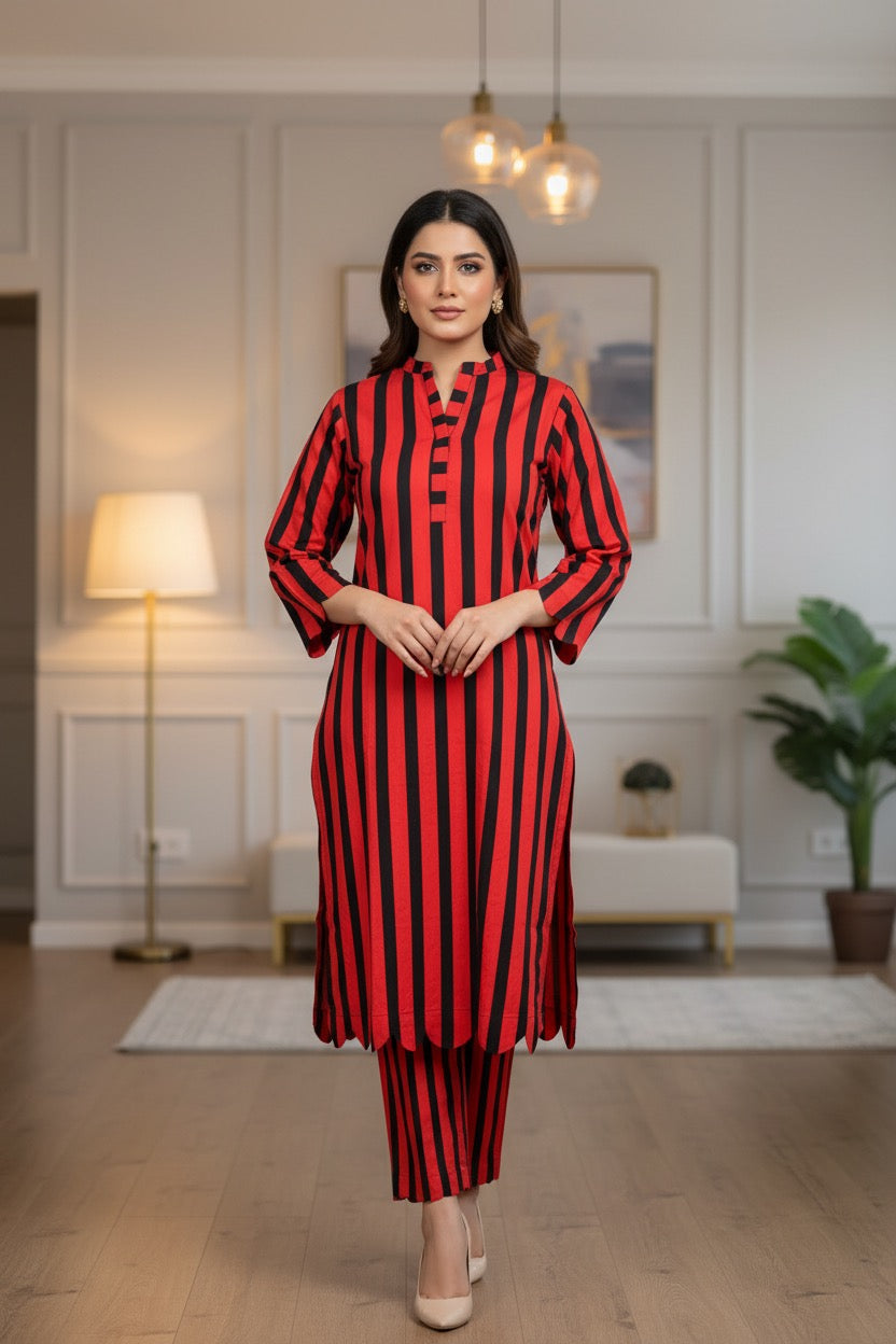 PC018A 2Piece Red & Black Striped Suit - Bold Vertical Stripes with Scalloped Hem Detail