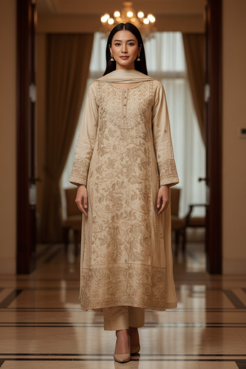 PC017P 3Piece Beige Embroidered Suit - Gold Floral Threadwork with Geometric Yoke Design