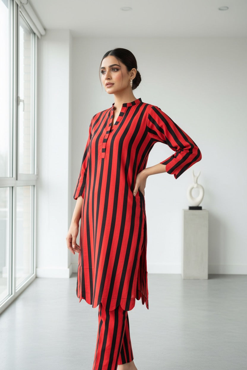 PC018A 2Piece Red & Black Striped Suit - Bold Vertical Stripes with Scalloped Hem Detail