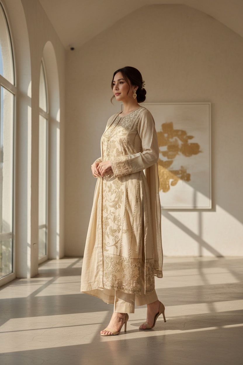 PC017P 3Piece Beige Embroidered Suit - Gold Floral Threadwork with Geometric Yoke Design