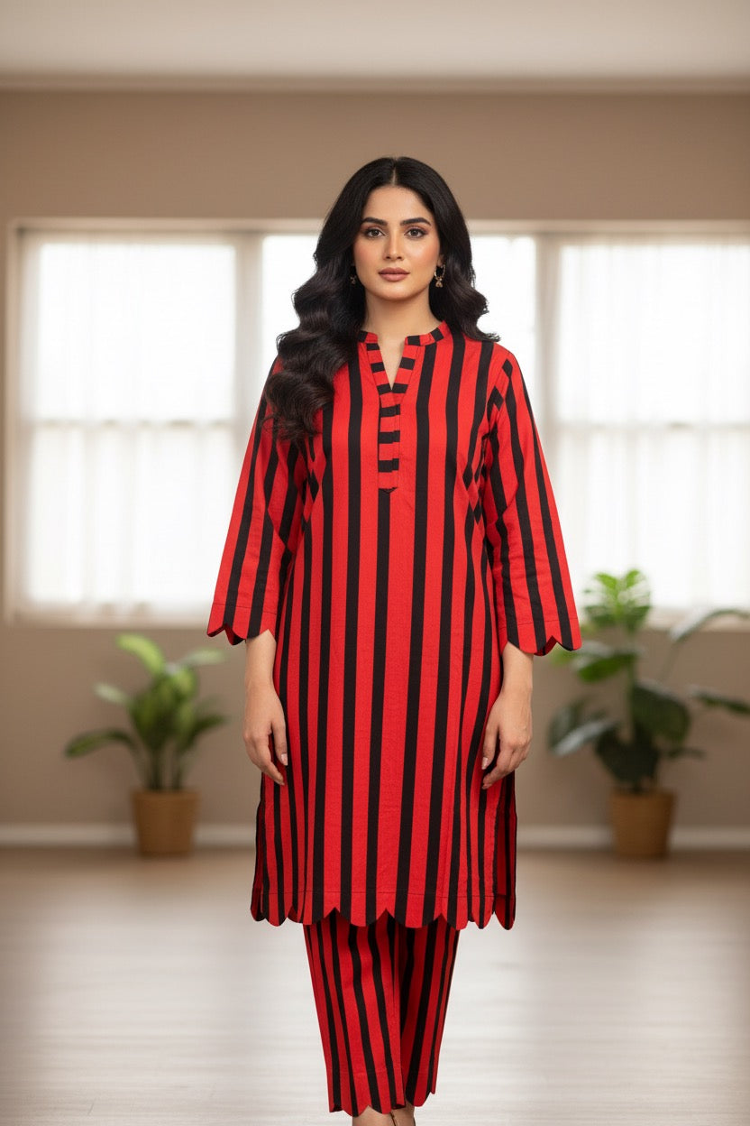 PC018A 2Piece Red & Black Striped Suit - Bold Vertical Stripes with Scalloped Hem Detail