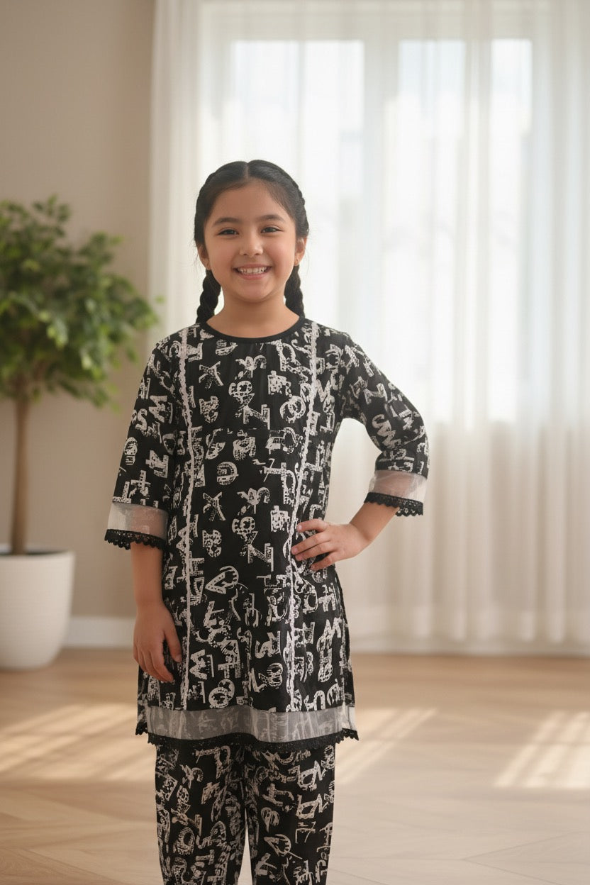 PC018B Black & White Alphabet Print Suit - Decorative Letter Pattern with Lace Trim (Girls)