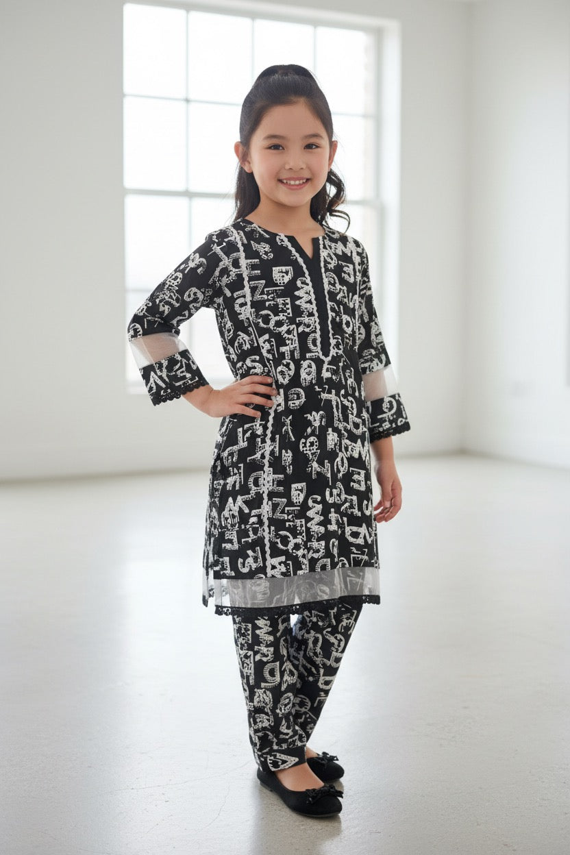 PC018B Black & White Alphabet Print Suit - Decorative Letter Pattern with Lace Trim (Girls)