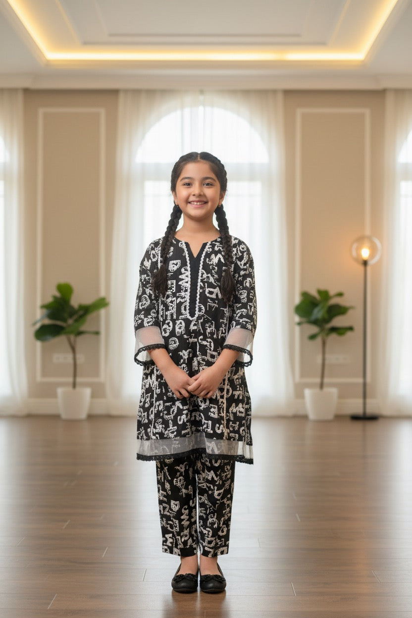 PC018B Black & White Alphabet Print Suit - Decorative Letter Pattern with Lace Trim (Girls)
