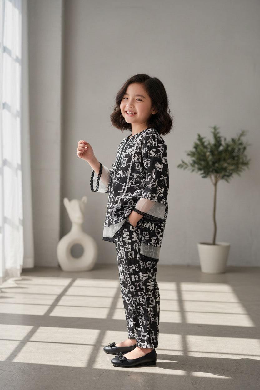 PC018B Black & White Alphabet Print Suit - Decorative Letter Pattern with Lace Trim (Girls)