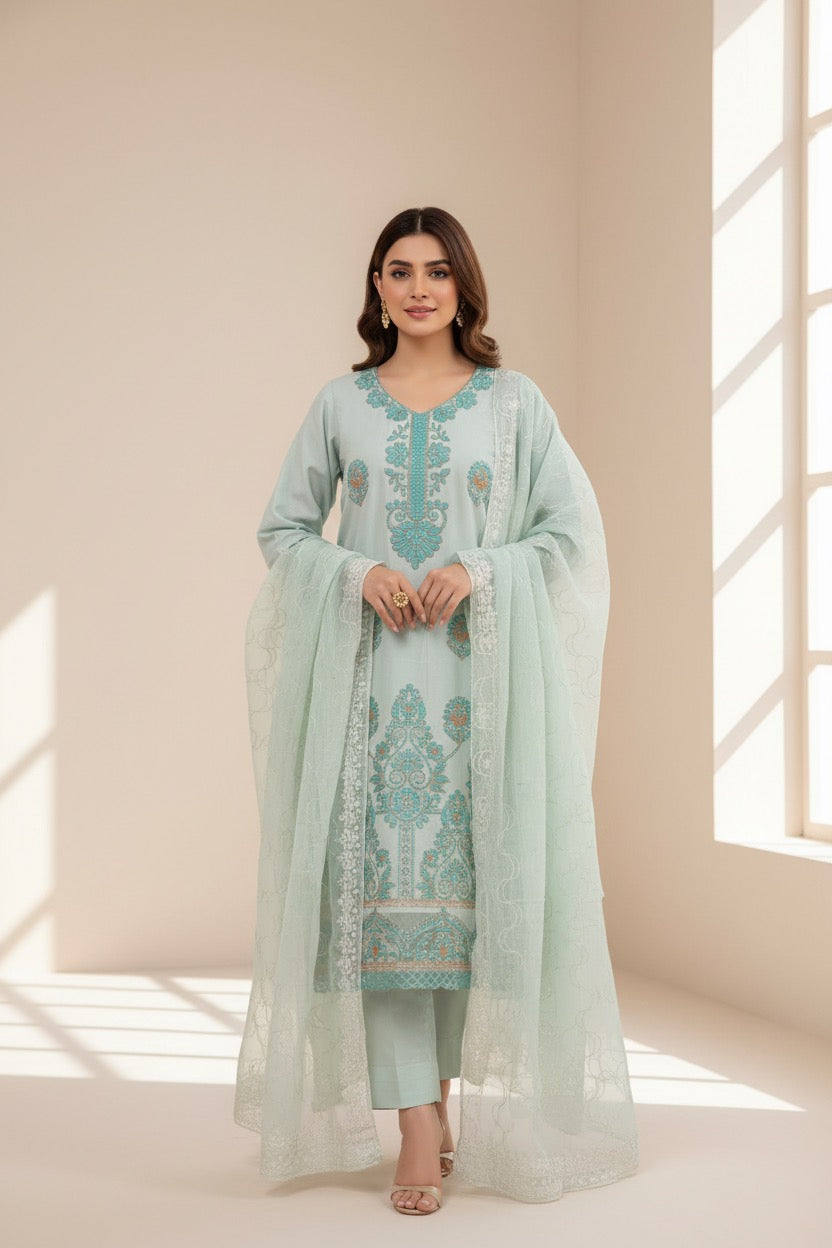 PC017Q 3 Piece Mint Green Embroidered Suit - Turquoise & Coral Threadwork.