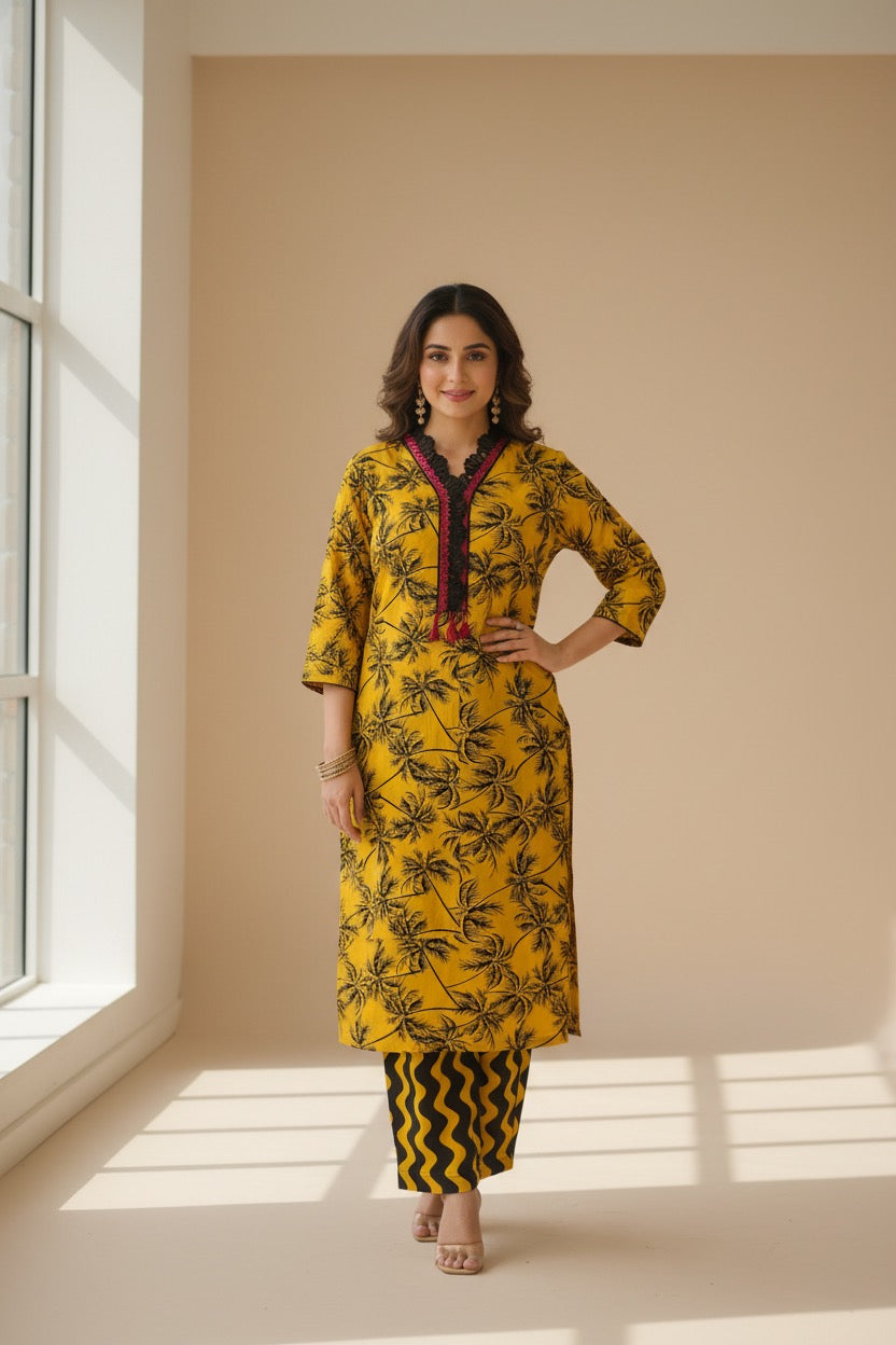 PC018C Yellow Palm Tree Print Suit - Tropical Pattern with Wavy Striped Trousers