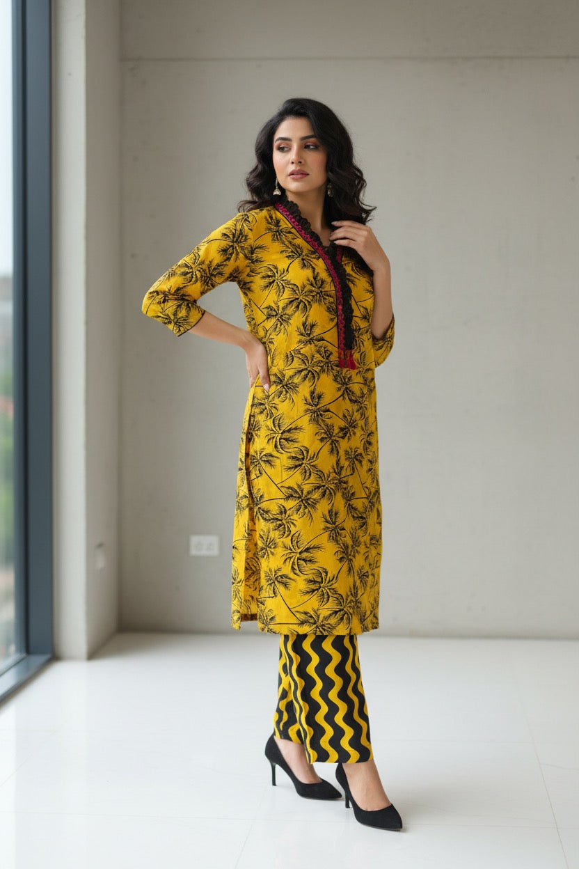 PC018C Yellow Palm Tree Print Suit - Tropical Pattern with Wavy Striped Trousers