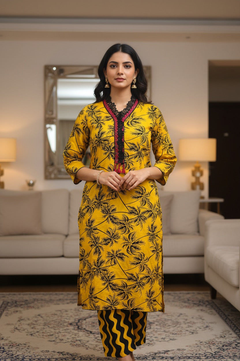 PC018C Yellow Palm Tree Print Suit - Tropical Pattern with Wavy Striped Trousers