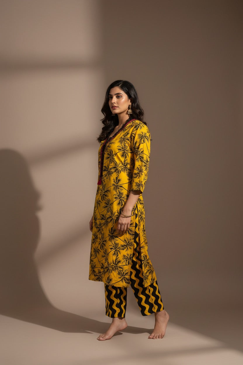 PC018C Yellow Palm Tree Print Suit - Tropical Pattern with Wavy Striped Trousers
