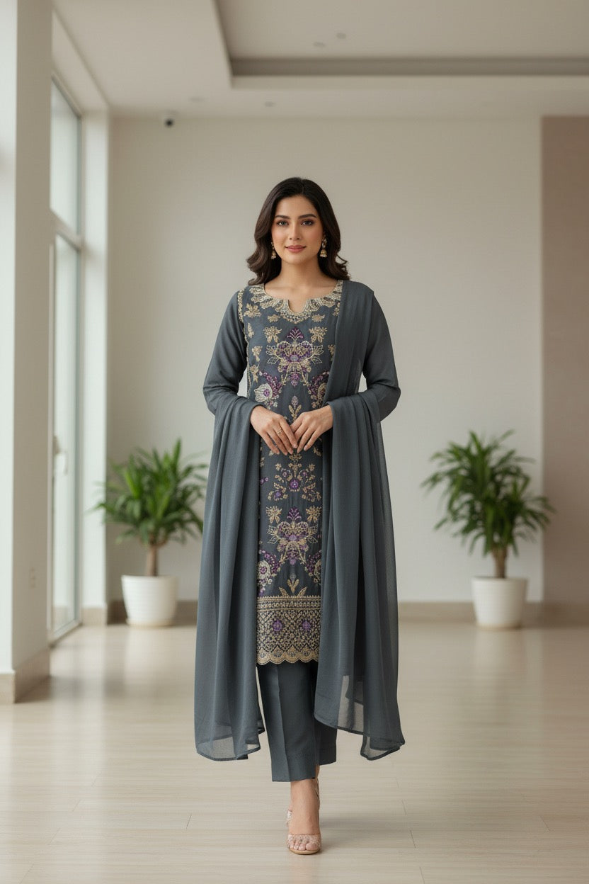 PC017O 3Piece Charcoal Grey Embroidered Suit - Gold & Purple Floral Threadwork with Scalloped Neckline