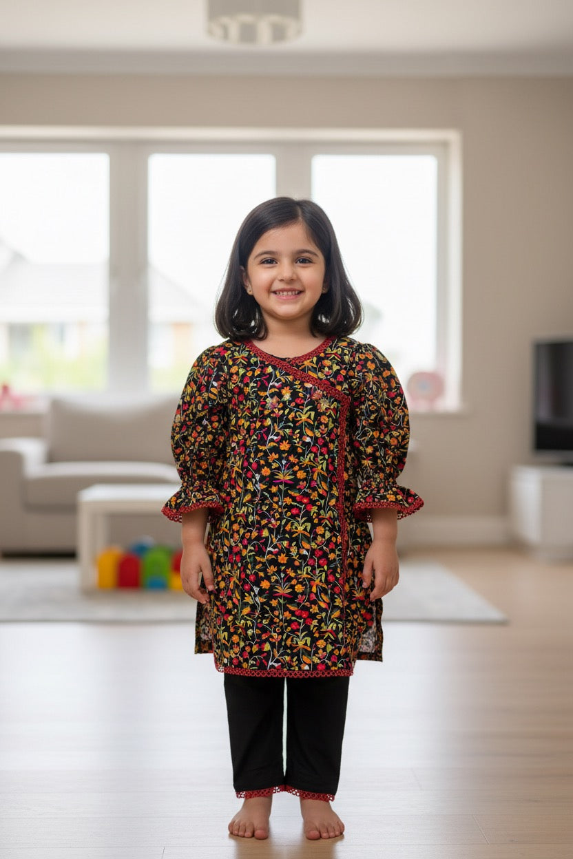 PC018D Black Multicolor Floral Embroidered Suit with Red Lace Trim Girls
