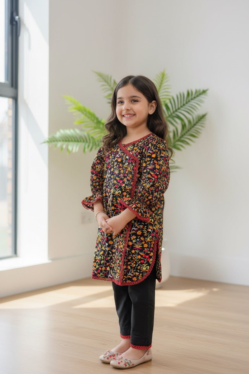 PC018D Black Multicolor Floral Embroidered Suit with Red Lace Trim Girls