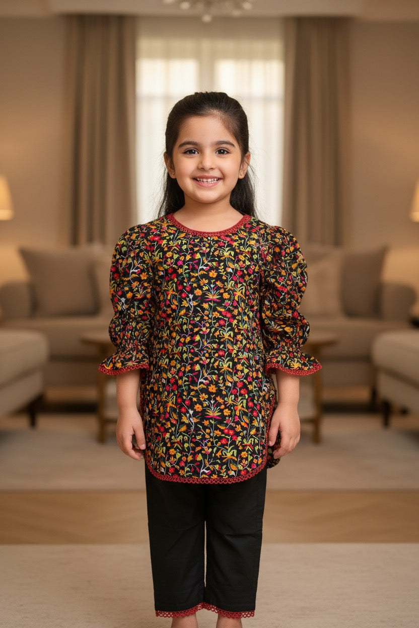 PC018D Black Multicolor Floral Embroidered Suit with Red Lace Trim Girls
