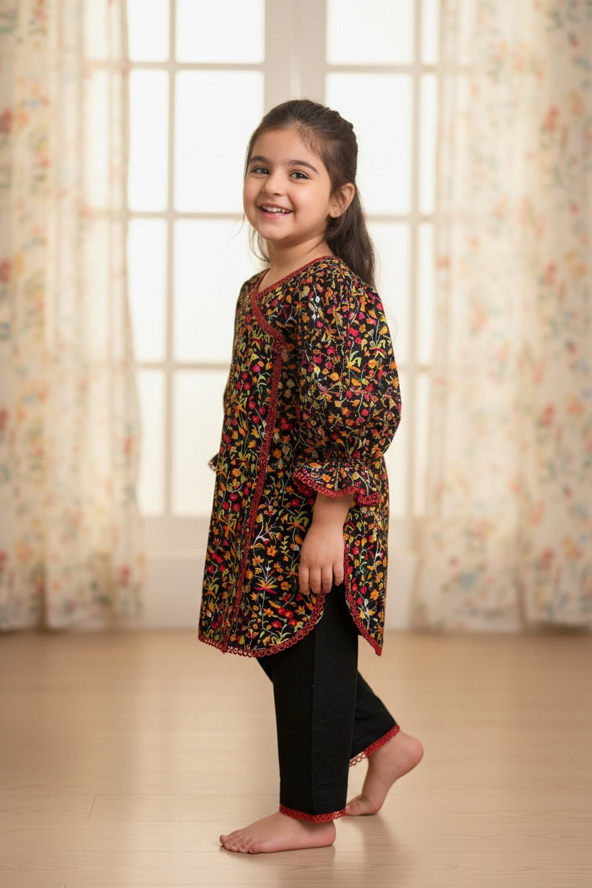 PC018D Black Multicolor Floral Embroidered Suit with Red Lace Trim Girls