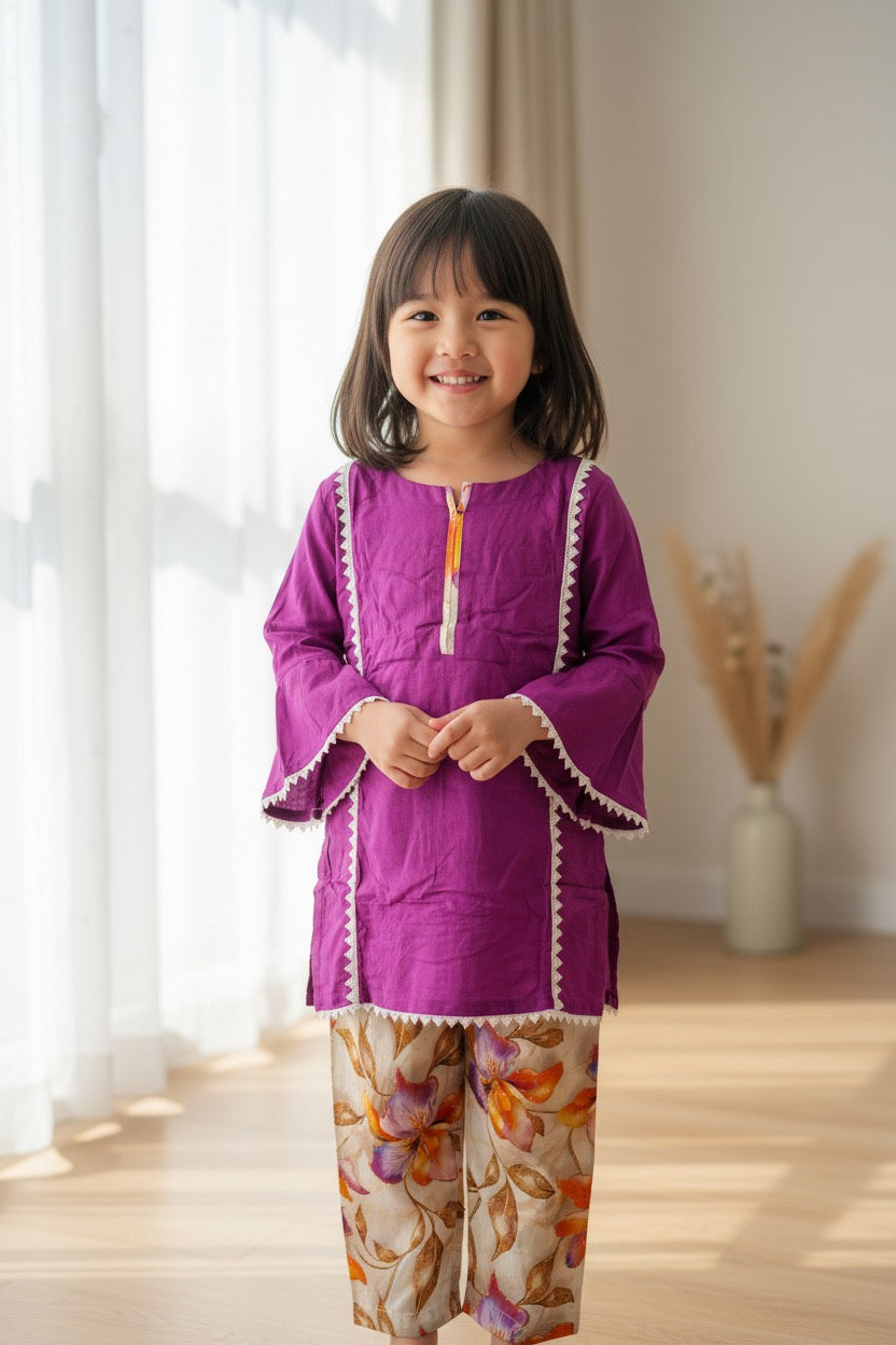 PC018E Purple Linen Top with Floral Bottom White Lace Trim & Bell Sleeves Girls