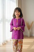 PC018E Purple Linen Top with Floral Bottom White Lace Trim & Bell Sleeves Girls