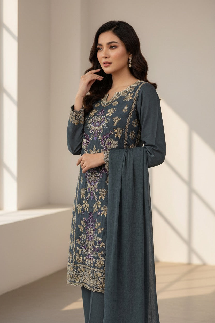 PC017O 3Piece Charcoal Grey Embroidered Suit - Gold & Purple Floral Threadwork with Scalloped Neckline