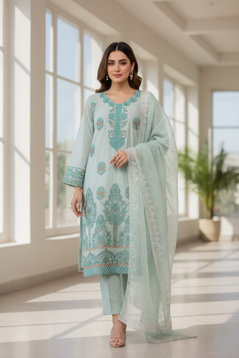PC017Q 3 Piece Mint Green Embroidered Suit - Turquoise & Coral Threadwork.