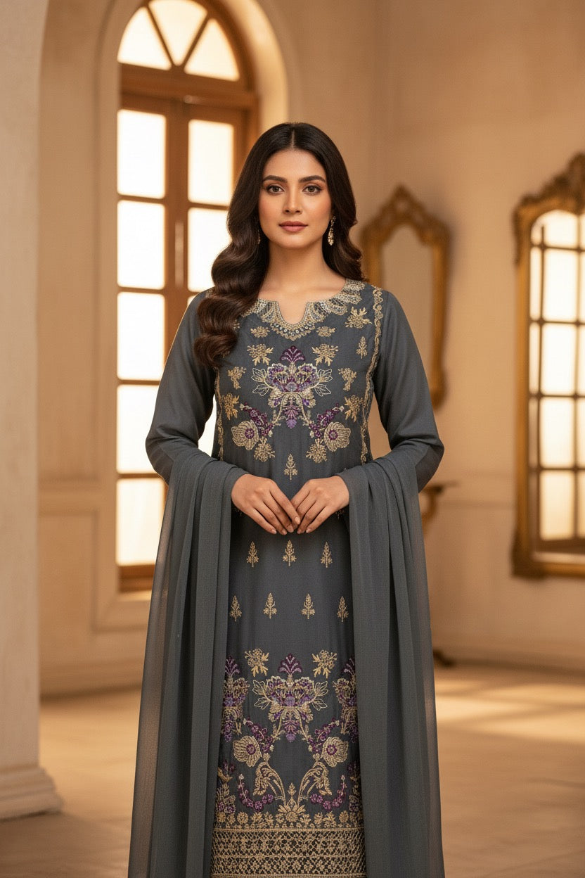 PC017O 3Piece Charcoal Grey Embroidered Suit - Gold & Purple Floral Threadwork with Scalloped Neckline