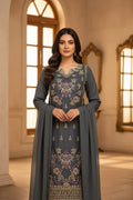 PC017O 3Piece Charcoal Grey Embroidered Suit - Gold & Purple Floral Threadwork with Scalloped Neckline