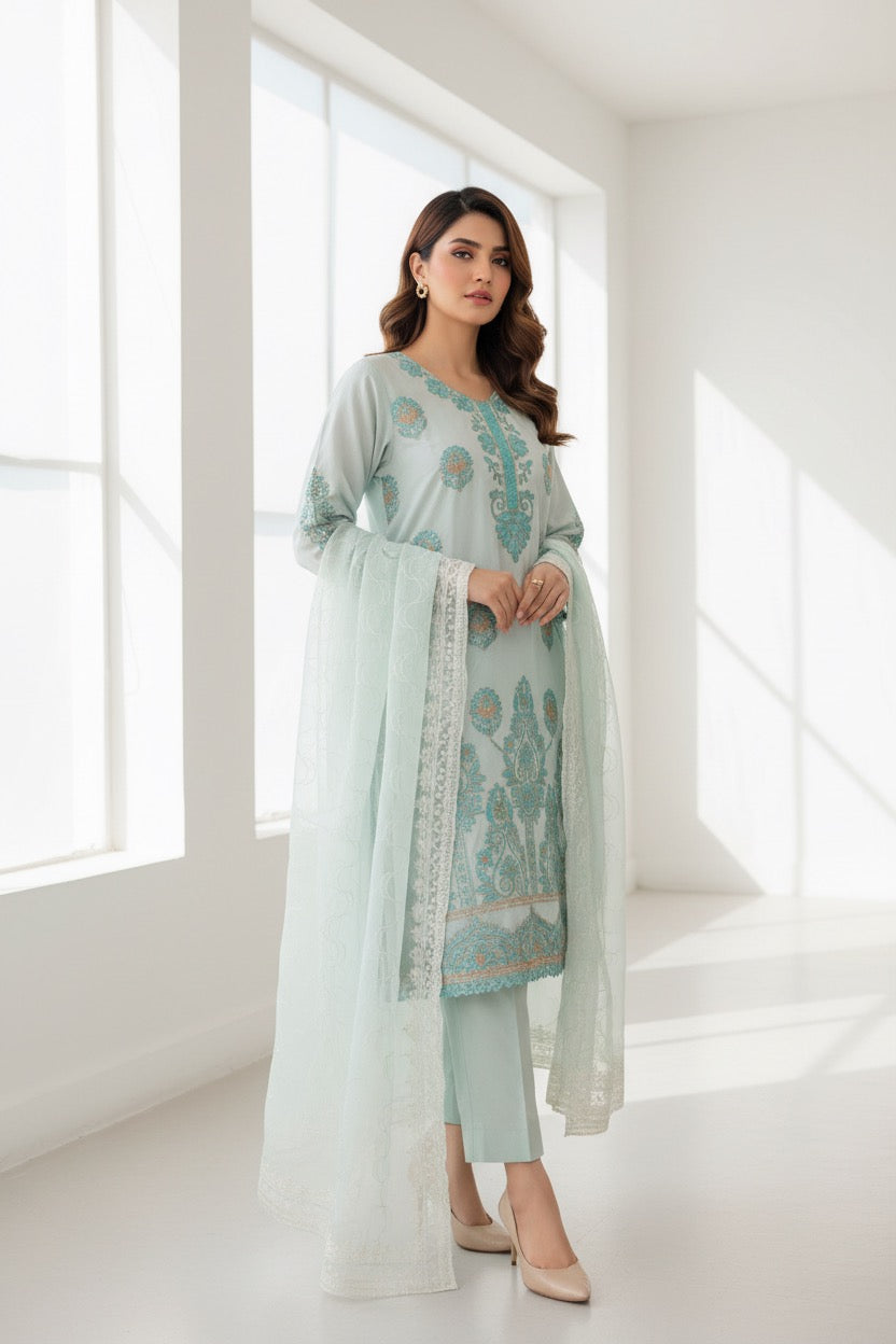 PC017Q 3 Piece Mint Green Embroidered Suit - Turquoise & Coral Threadwork.