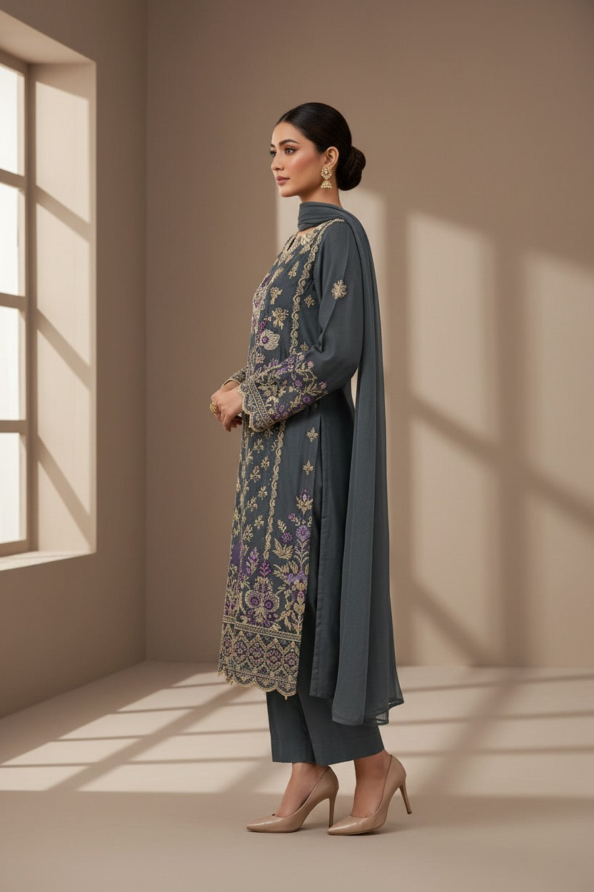 PC017O 3Piece Charcoal Grey Embroidered Suit - Gold & Purple Floral Threadwork with Scalloped Neckline