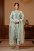 PC017Q 3 Piece Mint Green Embroidered Suit - Turquoise & Coral Threadwork.