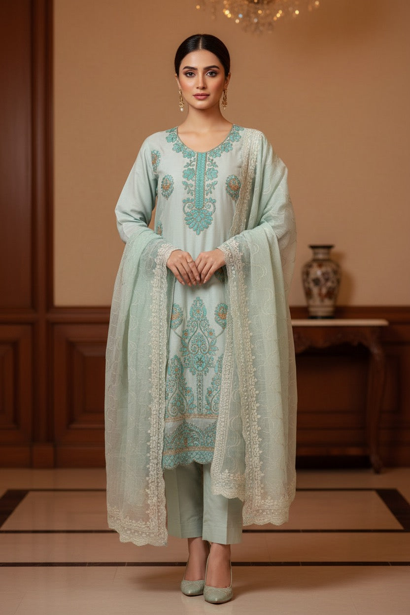 PC017Q 3 Piece Mint Green Embroidered Suit - Turquoise & Coral Threadwork.