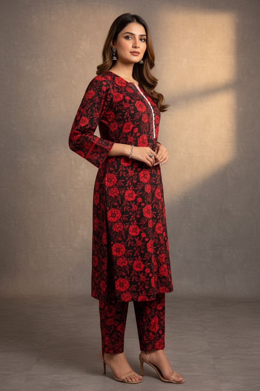 PC018 2Piece Black & Red Floral Print Suit - Bold Rose Pattern with Silver Embellished Placket