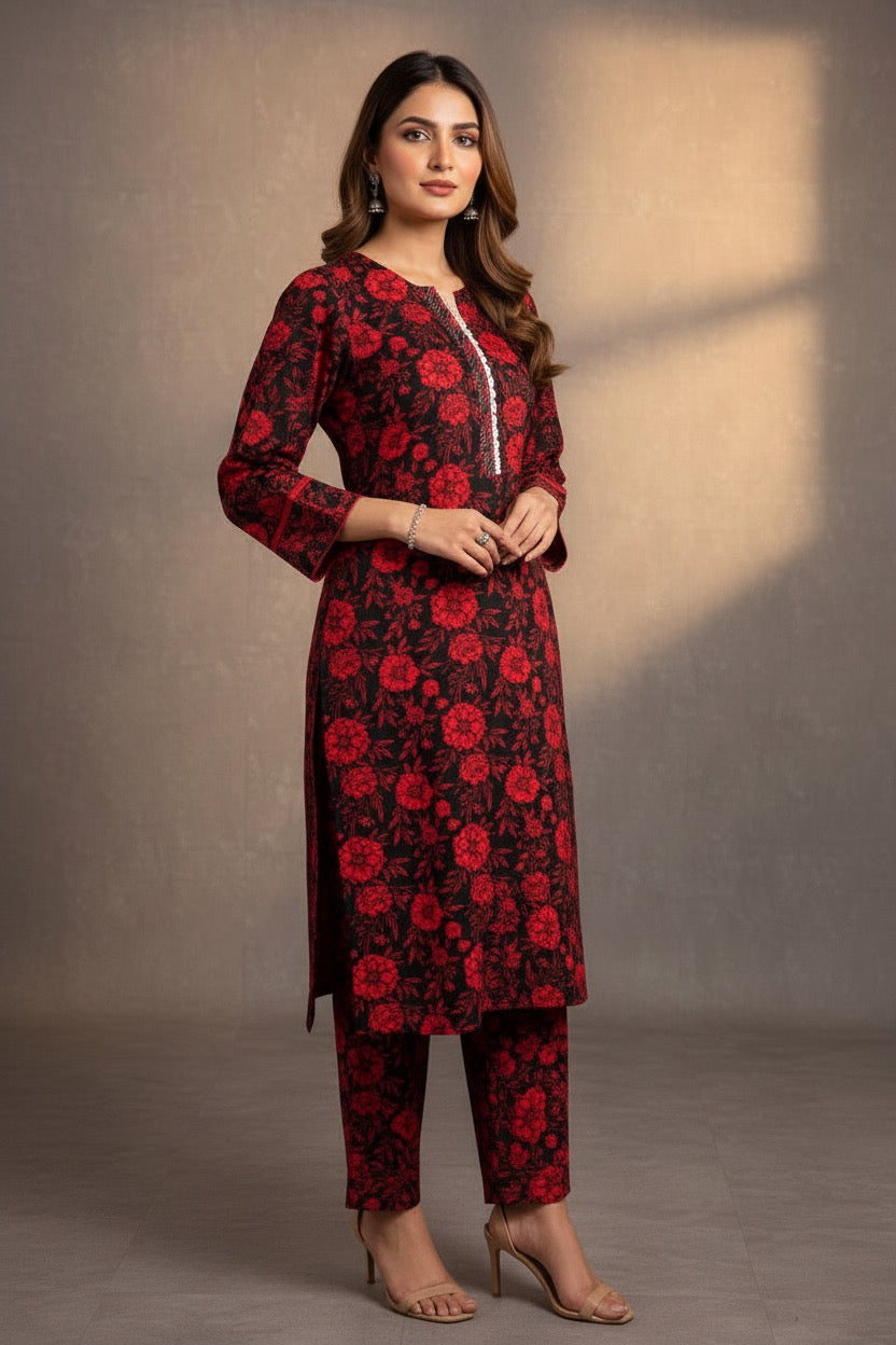 PC018 2Piece Black & Red Floral Print Suit - Bold Rose Pattern with Silver Embellished Placket