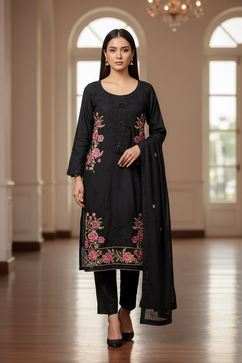 PC017N 3Piece Black Embroidered Suit - Pink & Gold Floral Threadwork with Tonal Detailing