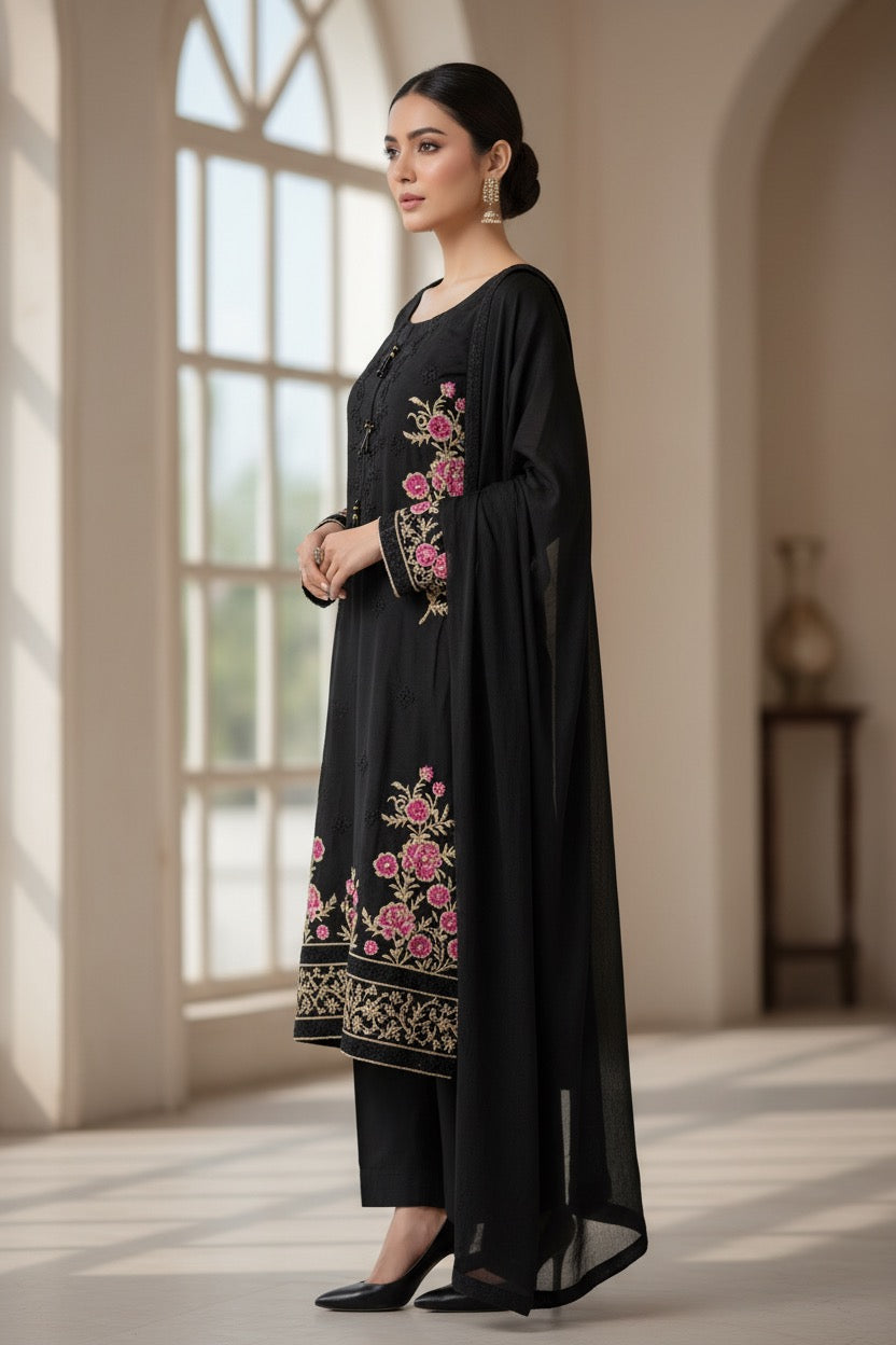 PC017N 3Piece Black Embroidered Suit - Pink & Gold Floral Threadwork with Tonal Detailing