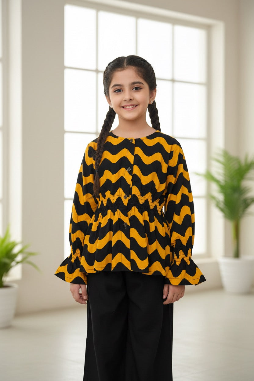 PC016K Girls Black & Yellow Wave Print 2-Piece Suit - Contemporary Casual Wear