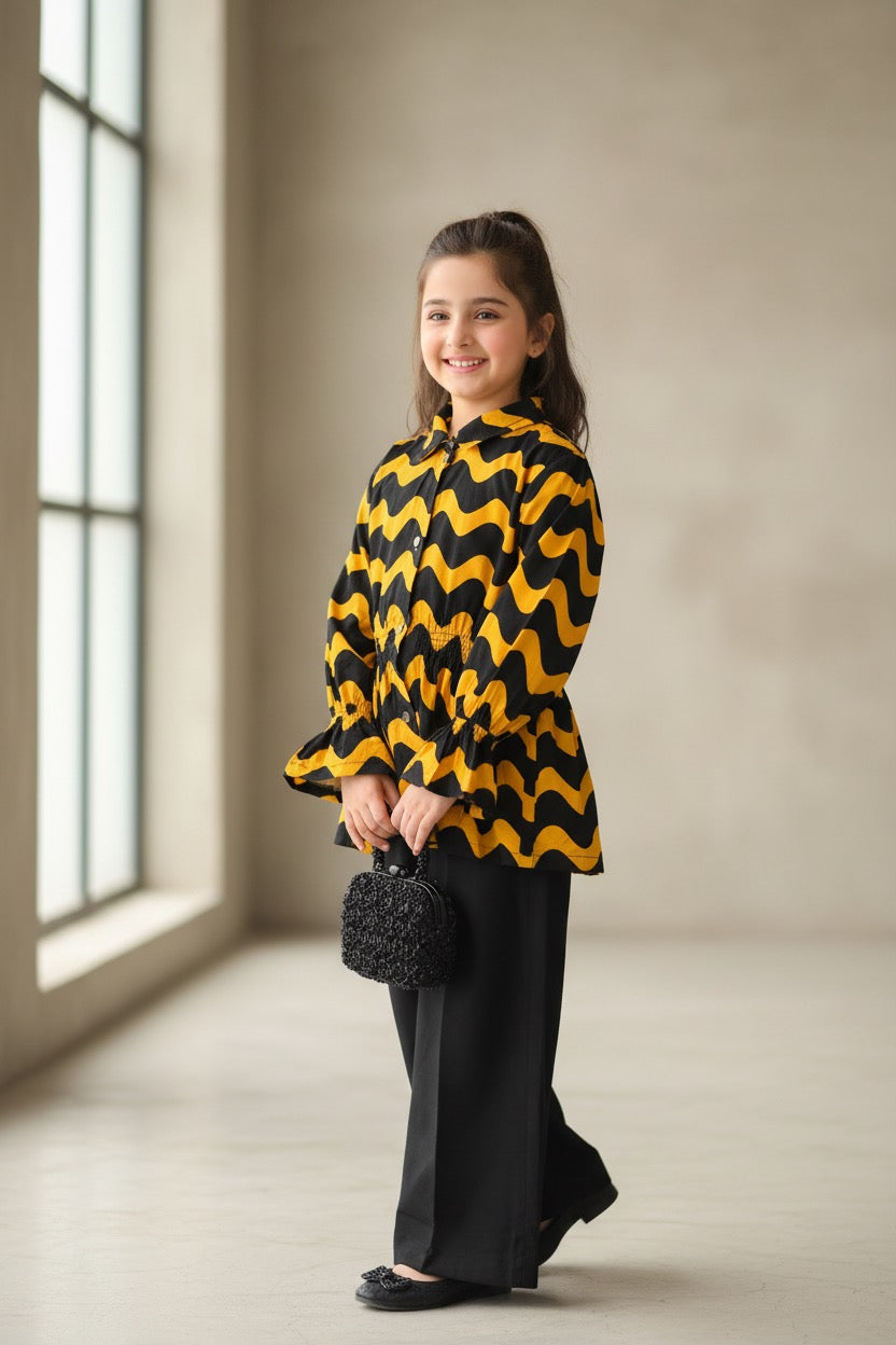 PC016K Girls Black & Yellow Wave Print 2-Piece Suit - Contemporary Casual Wear
