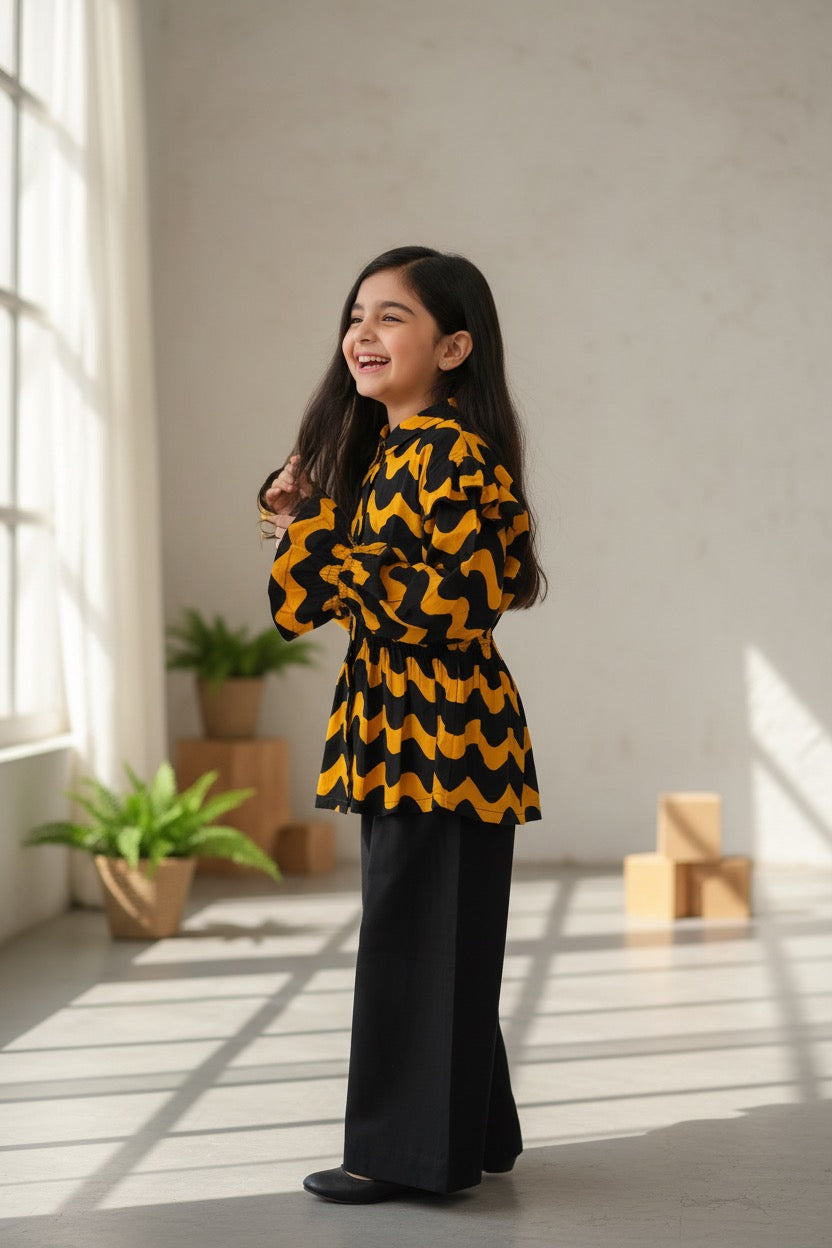 PC016K Girls Black & Yellow Wave Print 2-Piece Suit - Contemporary Casual Wear