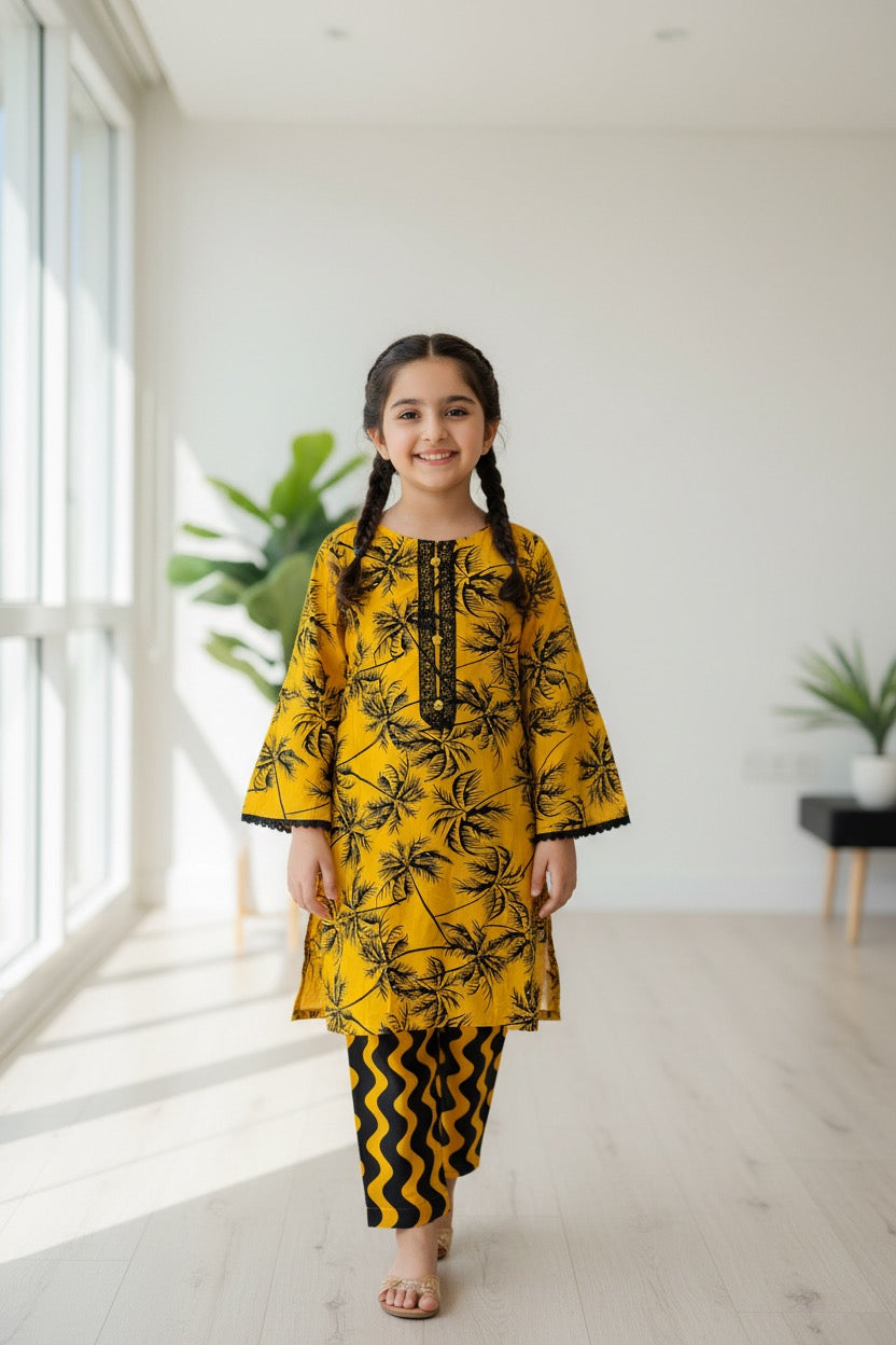 PC016L Girls Yellow Palm Tree Print 2-Piece Suit - Trendy Casual Wear