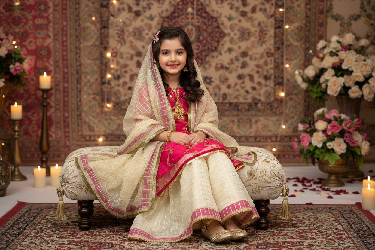 PC016P Girls Pink & Cream Embellished 3-Piece Suit - Luxury Party Wear