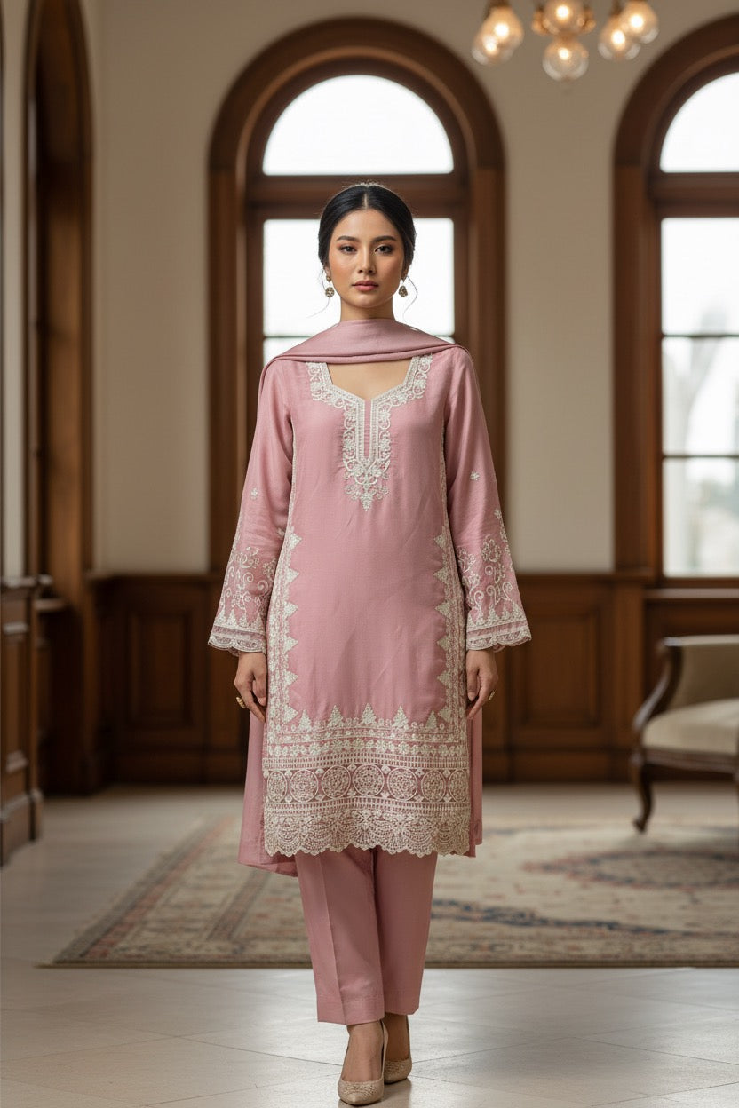 PC017 I 3 Piece Dusty Rose Embroidered Formal Outfit with Silver Thread-work