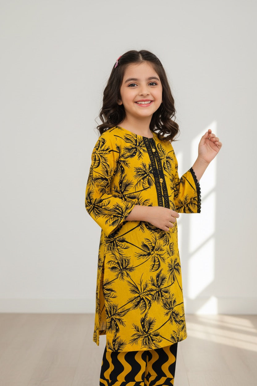 PC016L Girls Yellow Palm Tree Print 2-Piece Suit - Trendy Casual Wear