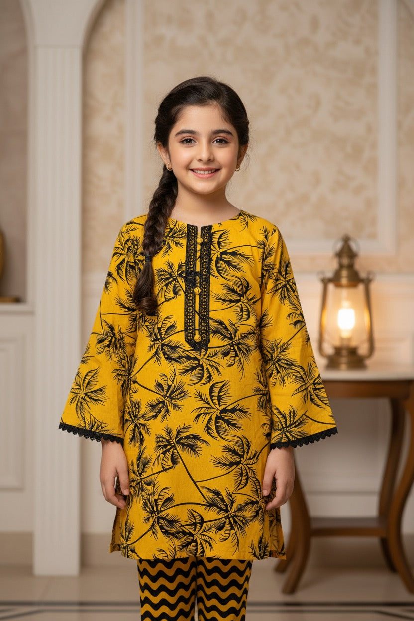PC016L Girls Yellow Palm Tree Print 2-Piece Suit - Trendy Casual Wear
