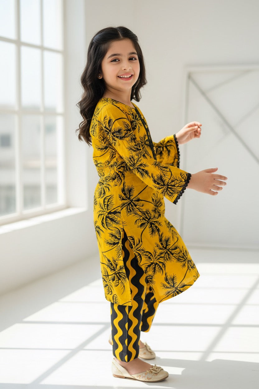 PC016L Girls Yellow Palm Tree Print 2-Piece Suit - Trendy Casual Wear