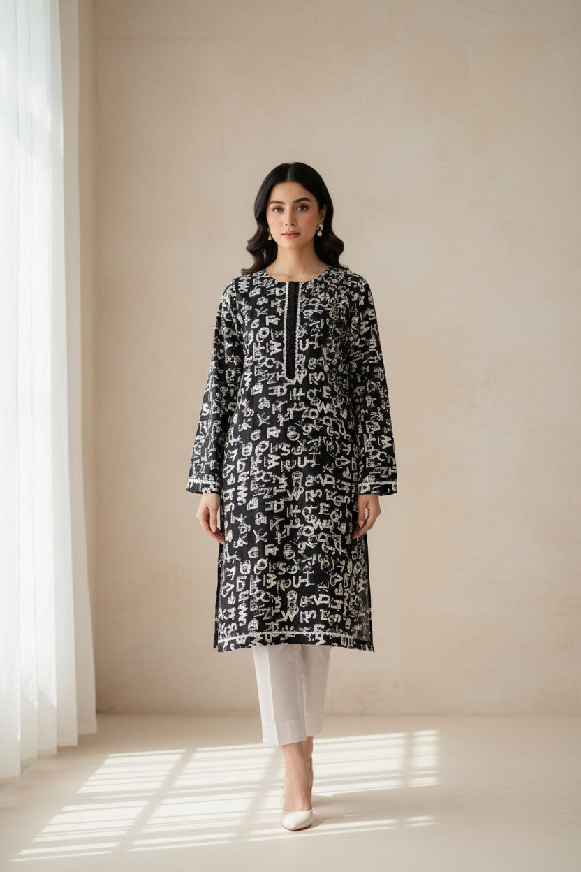 PC017D 2Piece Linen Black & White Printed Kurta - Contemporary Casual Wear