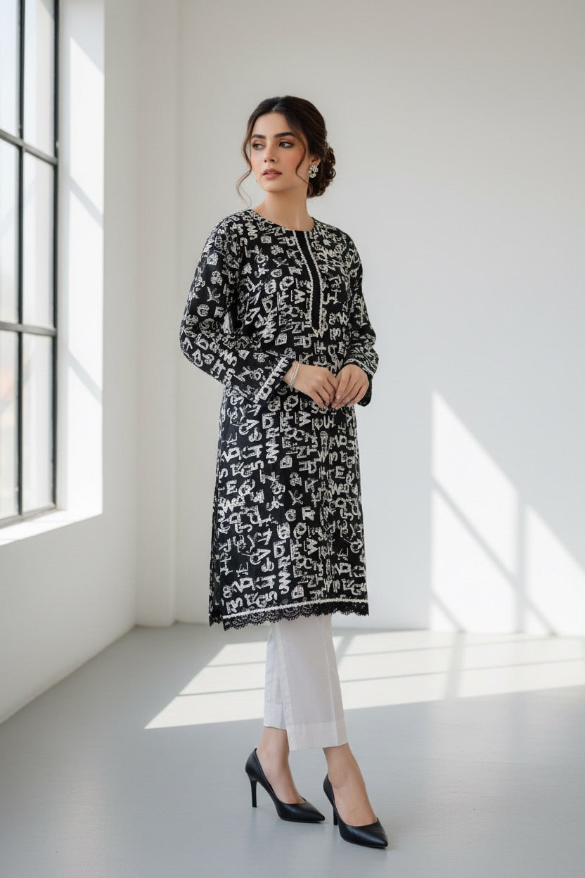 PC017D 2Piece Linen Black & White Printed Kurta - Contemporary Casual Wear