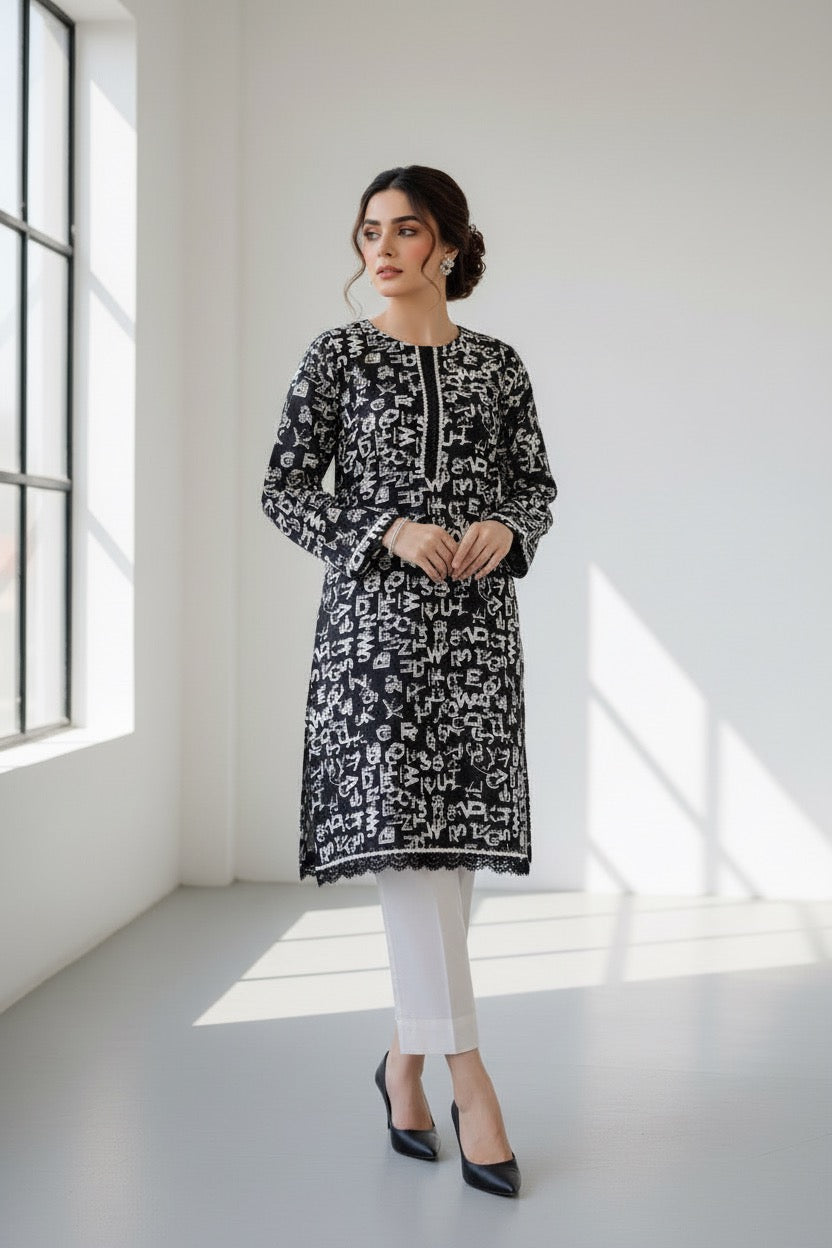 PC017D 2Piece Linen Black & White Printed Kurta - Contemporary Casual Wear
