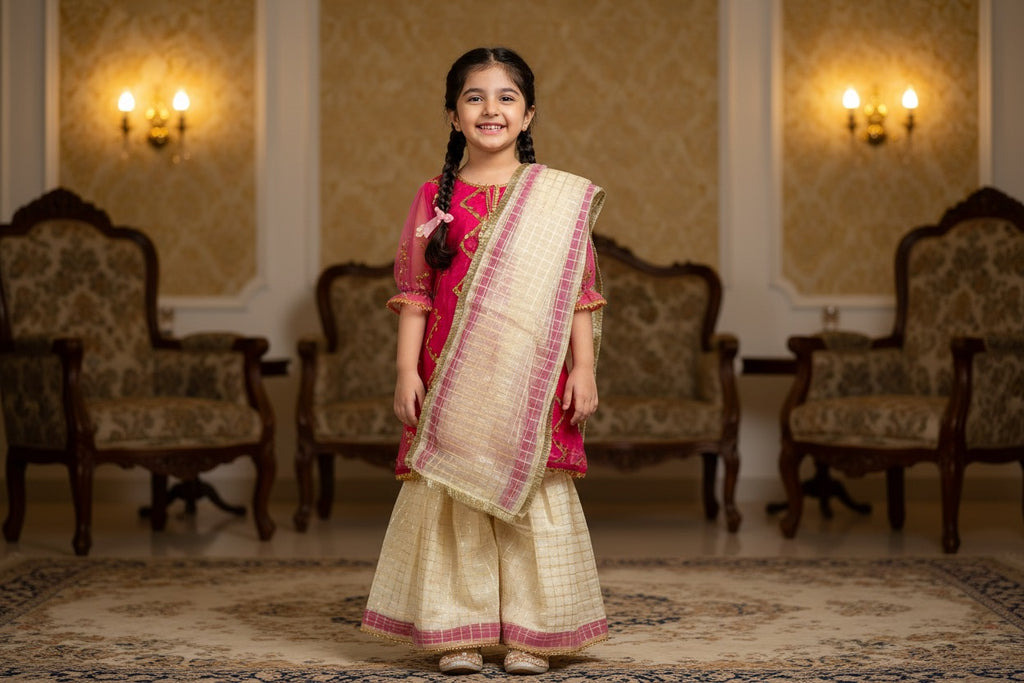 PC016P Girls Pink & Cream Embellished 3-Piece Suit - Luxury Party Wear