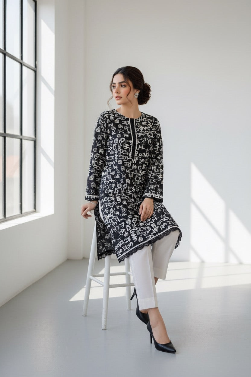 PC017D 2Piece Linen Black & White Printed Kurta - Contemporary Casual Wear