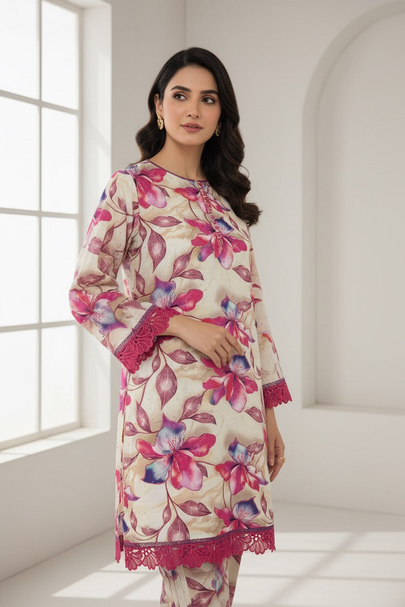 PC017A Cream & Pink Floral Printed 2-Piece Suit - Elegant Party Wear